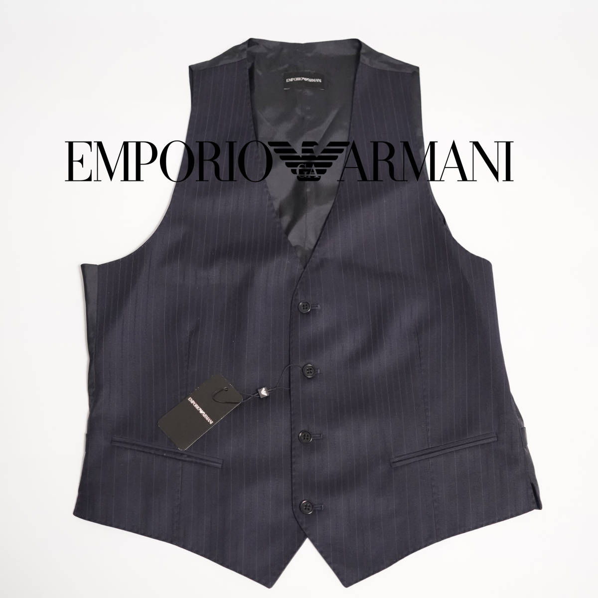 クールなストライプデザイン柄 EMPORIO ARMANI ベスト エンポリオアルマーニ 50サイズ Lサイズ ジレ ネイビーブルー スーツ ベスト