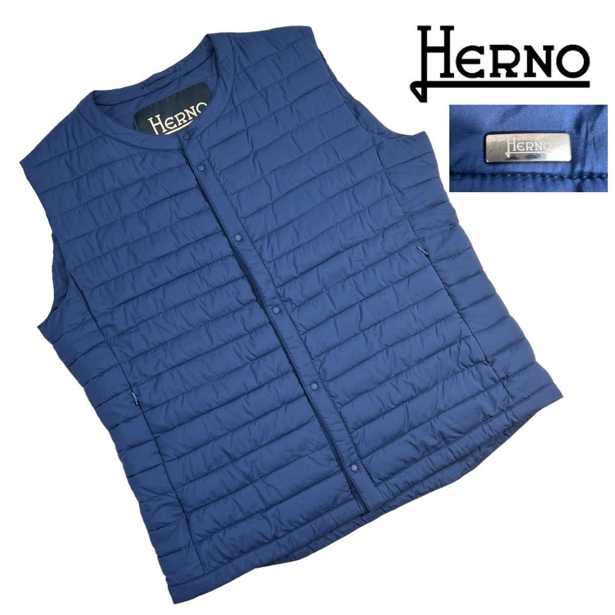 極美品 HERNO ヘルノ インナーダウンベスト サイズ50/XL相当 ブルー ネイビー クルーネック 希少 高機能ポリエステル 最高級品 上質 A3017