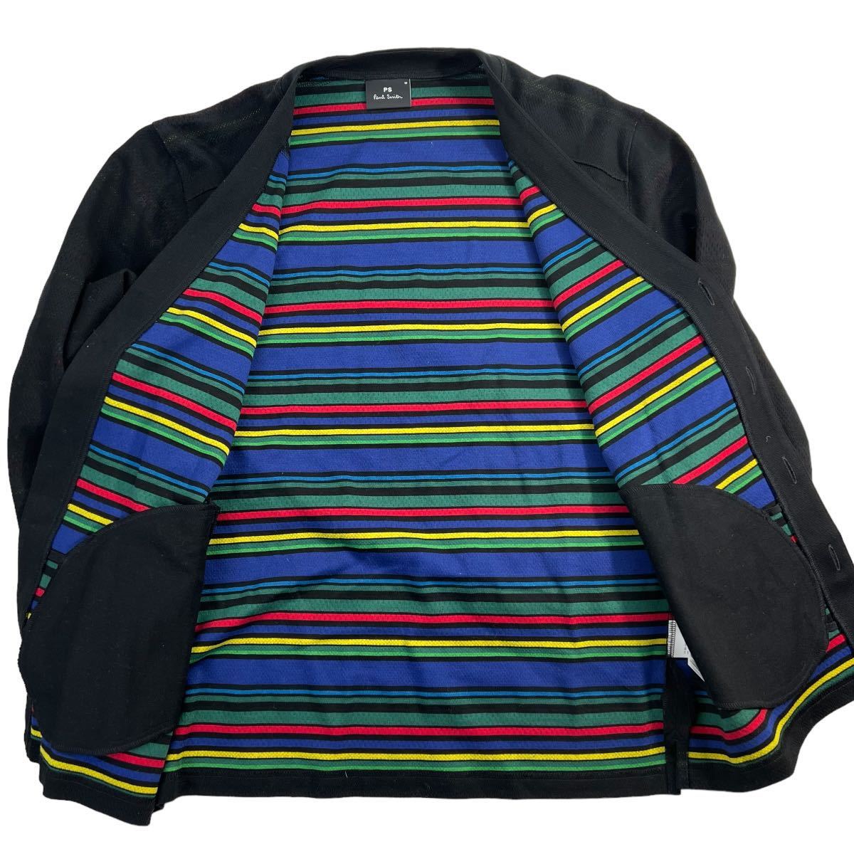 定価2.8万 極美品 PS Paul Smith ピーエス ポールスミス CYCLE STRIPE CARDIGAN サイズM ブラック 裏地ボーダー 18SS 日本製 上質 A3045_画像5