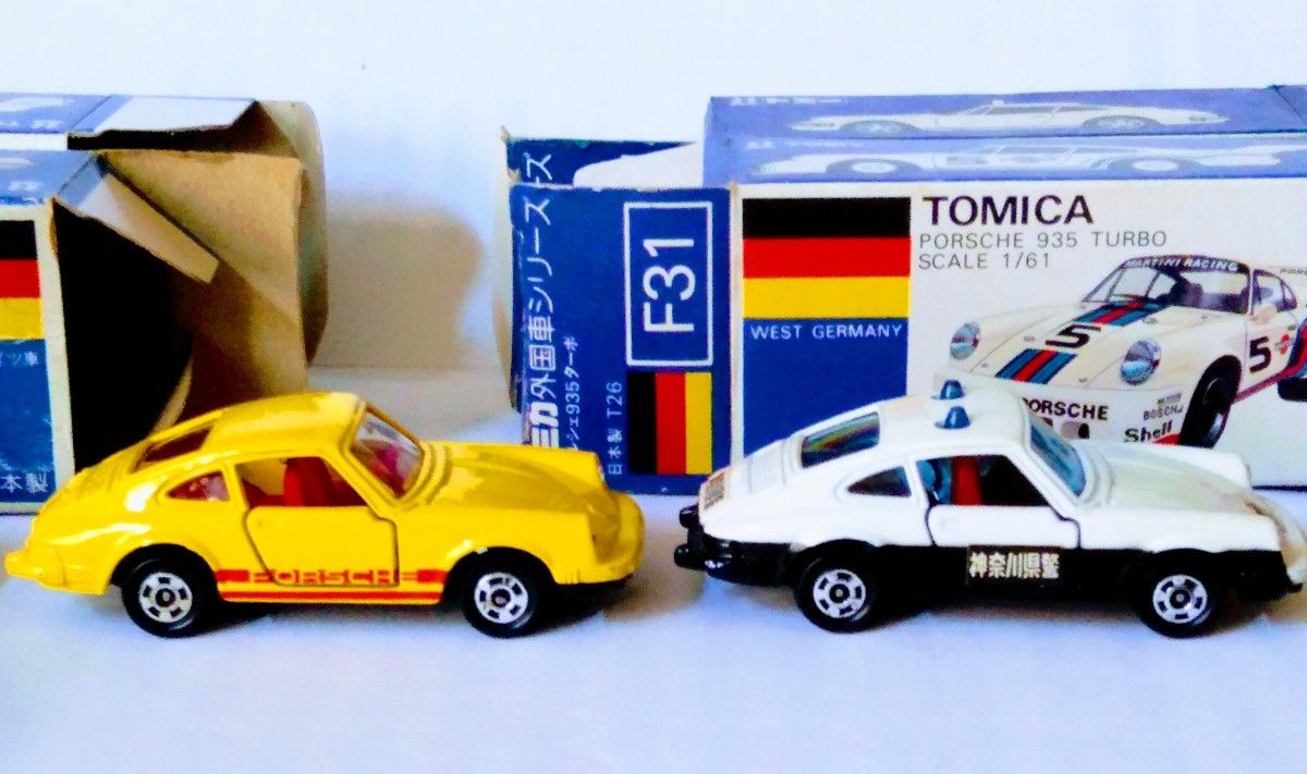 当時もの トミカ青箱ポルシェセット日本製 F1 ポルシターボ・F31 935ターボ・F3 911S・F16 ポリス神奈川県警 4台