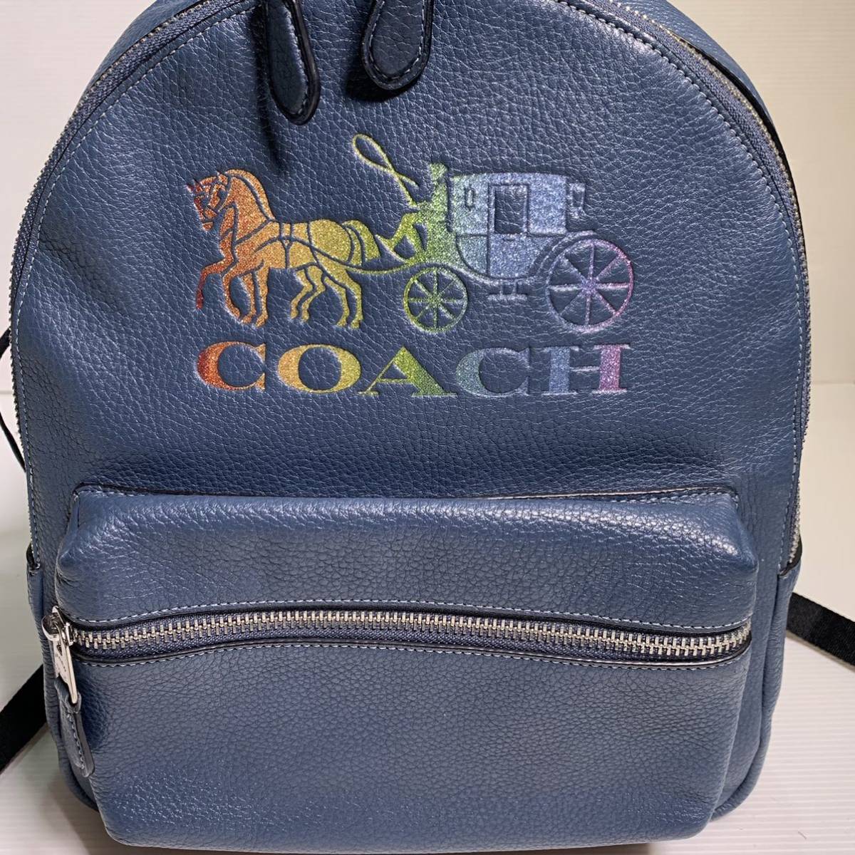 美品 COACH レインボー 馬車ロゴ ミニリュック ネイビー バックパック コーチ レザー 本革 シボ革