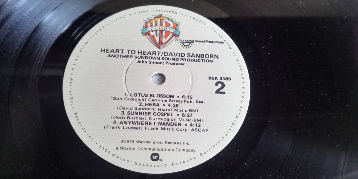 【中古レコード】　　　HEART TO HEART ／　DAVID SANBORN_画像4