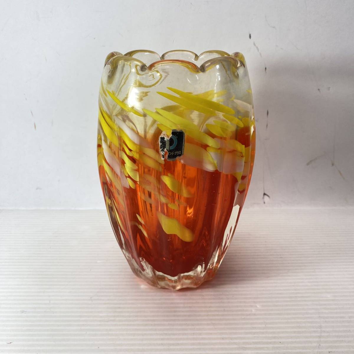 ダイアモンドグラス ガラス製 花瓶 フラワーベース 硝子 マーブル オレンジ系 花器 花入 花刺し レトロ 置物 インテリア 飾 ジャンクの画像1