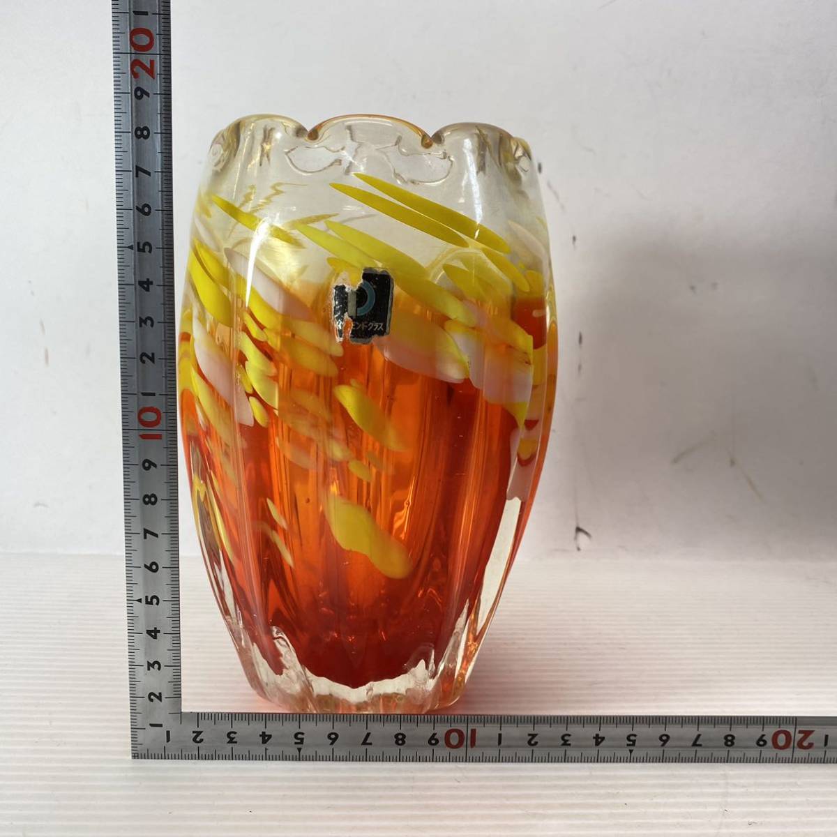 ダイアモンドグラス ガラス製 花瓶 フラワーベース 硝子 マーブル オレンジ系 花器 花入 花刺し レトロ 置物 インテリア 飾 ジャンクの画像9