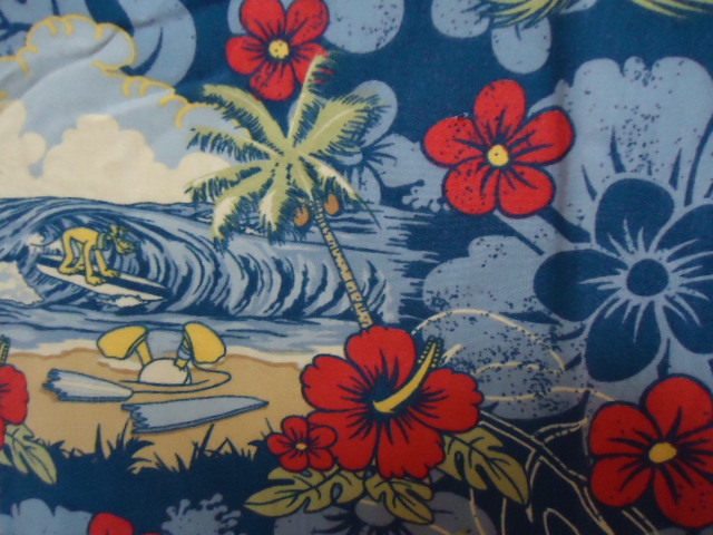 即決　ハワイ　ディズニー　アロハシャツ　紺・水色　ミッキーマウス・プルート・ドナルドダック・チキ・風景・花・葉っぱ柄　Ｌ_画像5