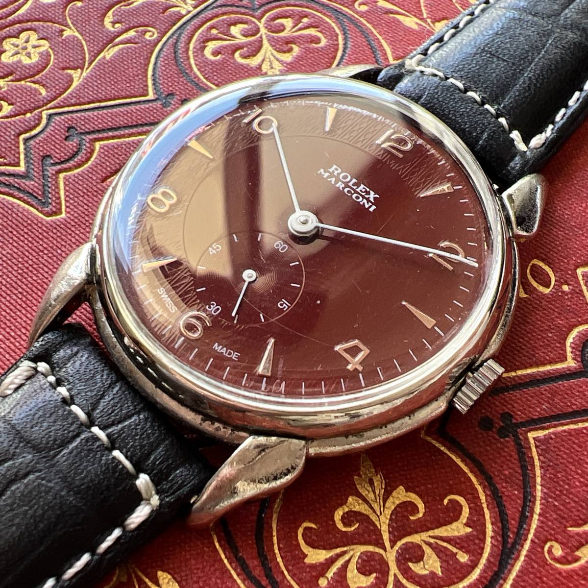 ロレックス　マルコーニ　ビッグサイズ37ｍｍ　1910　ワインレッド　ステンレスシルバー　手巻き　動作良好　　メンズ腕時計