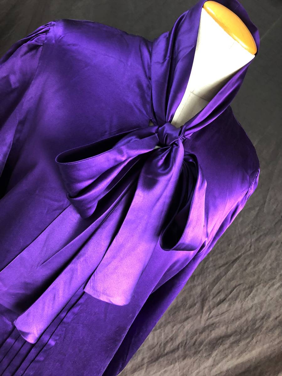  原文:LANCETTI シルク100％　紫色　ボータイブラウス　パーティーに　光沢あり　シルクサテン　送料250円