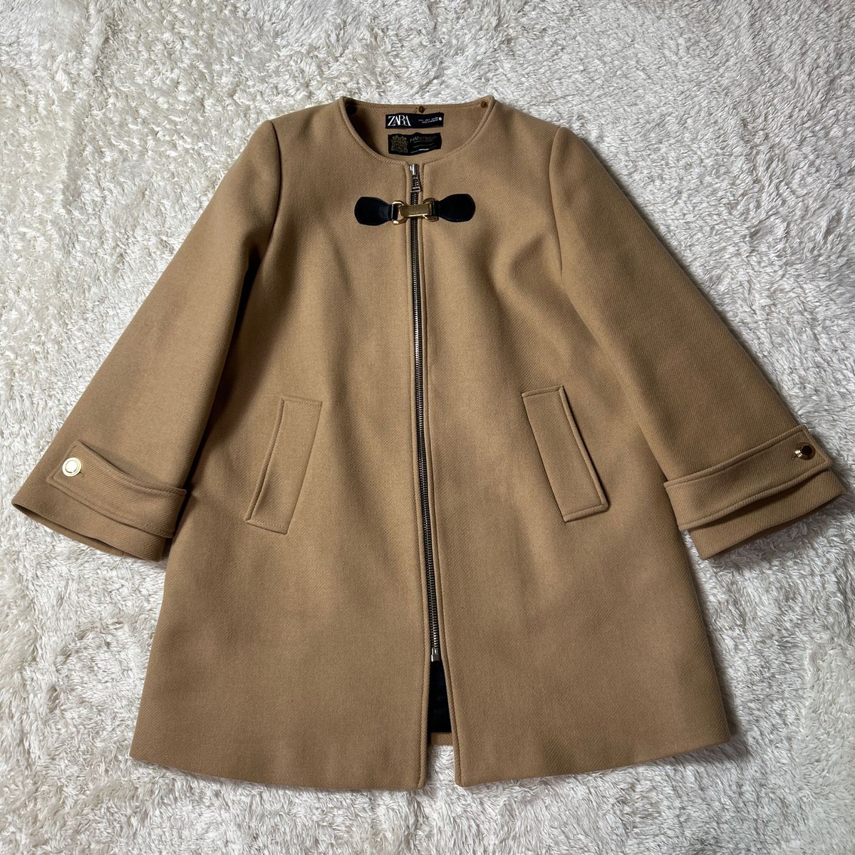 【美品】ZARA × MANTECO 2way ノーカラーコート ファー脱着可能 Lサイズ