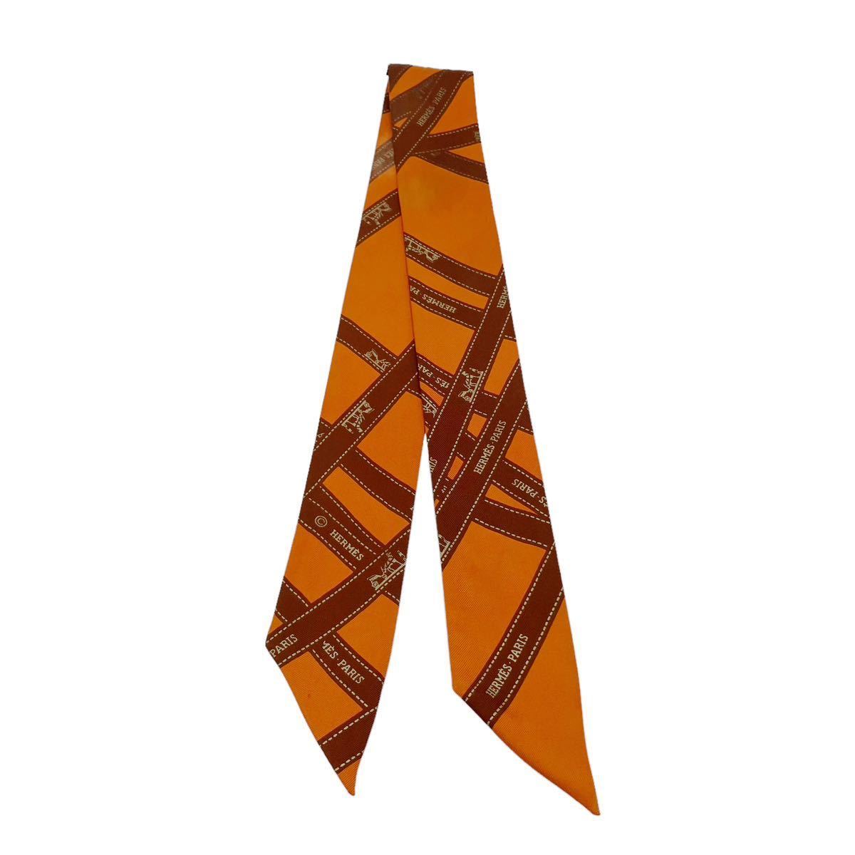 【良品】エルメス HERMES ツイリー Bolduc ボルデュック リボン スカーフ オレンジ ツイリースカーフ