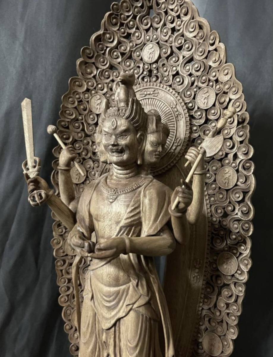 大型高62cm 井波彫刻　仏教工芸品　総楠製　極上彫　木彫仏像　馬頭観音菩薩立像_画像5