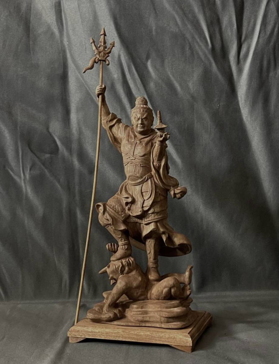 仏教工芸品　総楠製　井波彫刻　極上彫　木彫仏像　毘沙門天立像_画像1