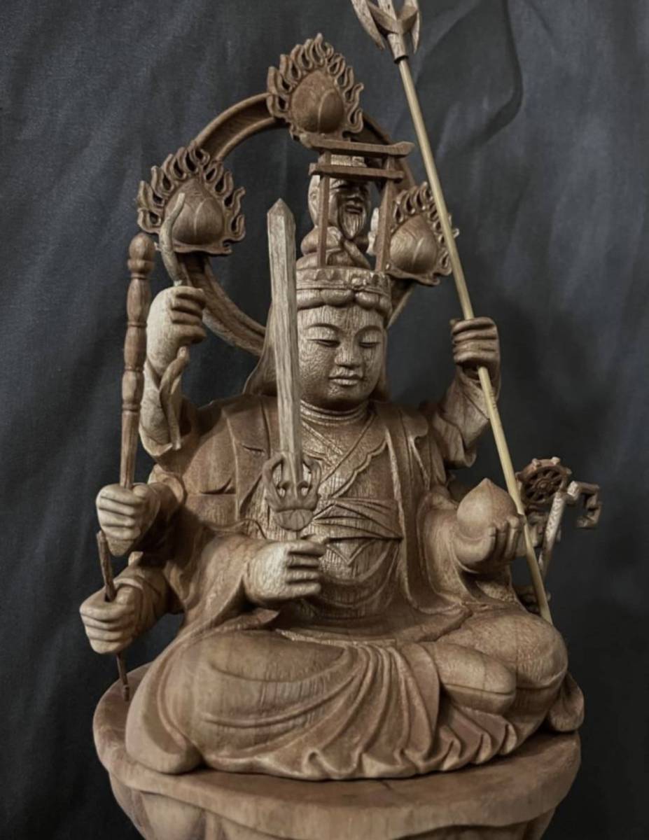 高34cm仏教工芸品　総楠製　井波彫刻　極上彫　木彫仏像　八臂弁財天座像_画像8
