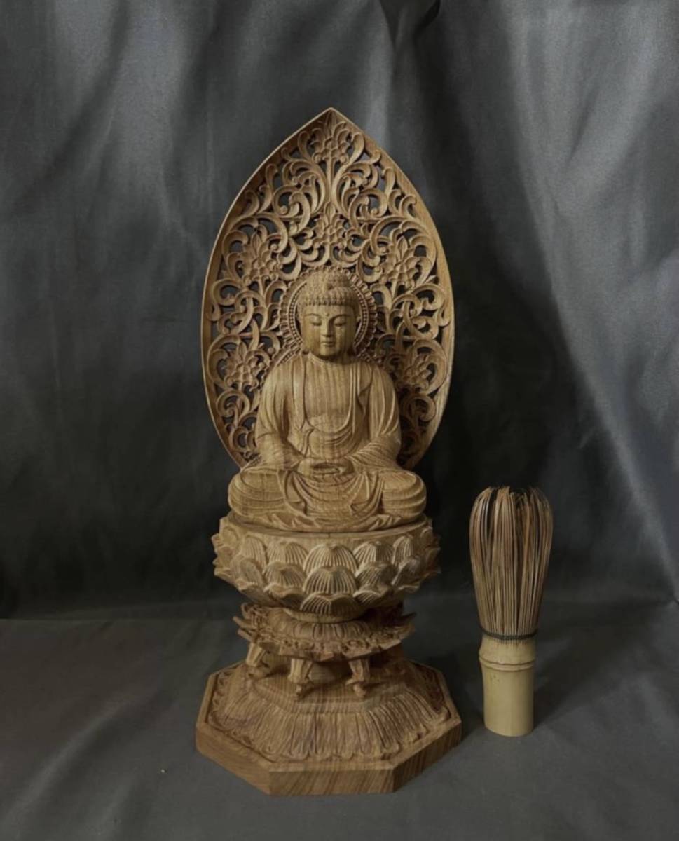 極上品　仏教工芸品　一刀彫　総ケヤキ材　木彫仏像　釈迦如来座像_画像1