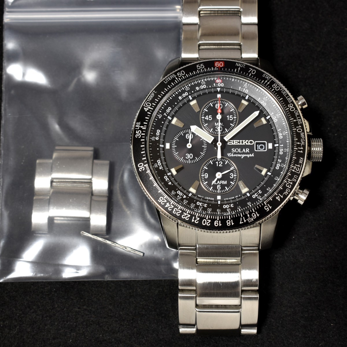 美品 セイコー SEIKO スカイプロフェッショナル メンズ 腕時計 ソーラー クオーツ パイロット クロノグラフ SBDL029 中古品 箱なし_画像5