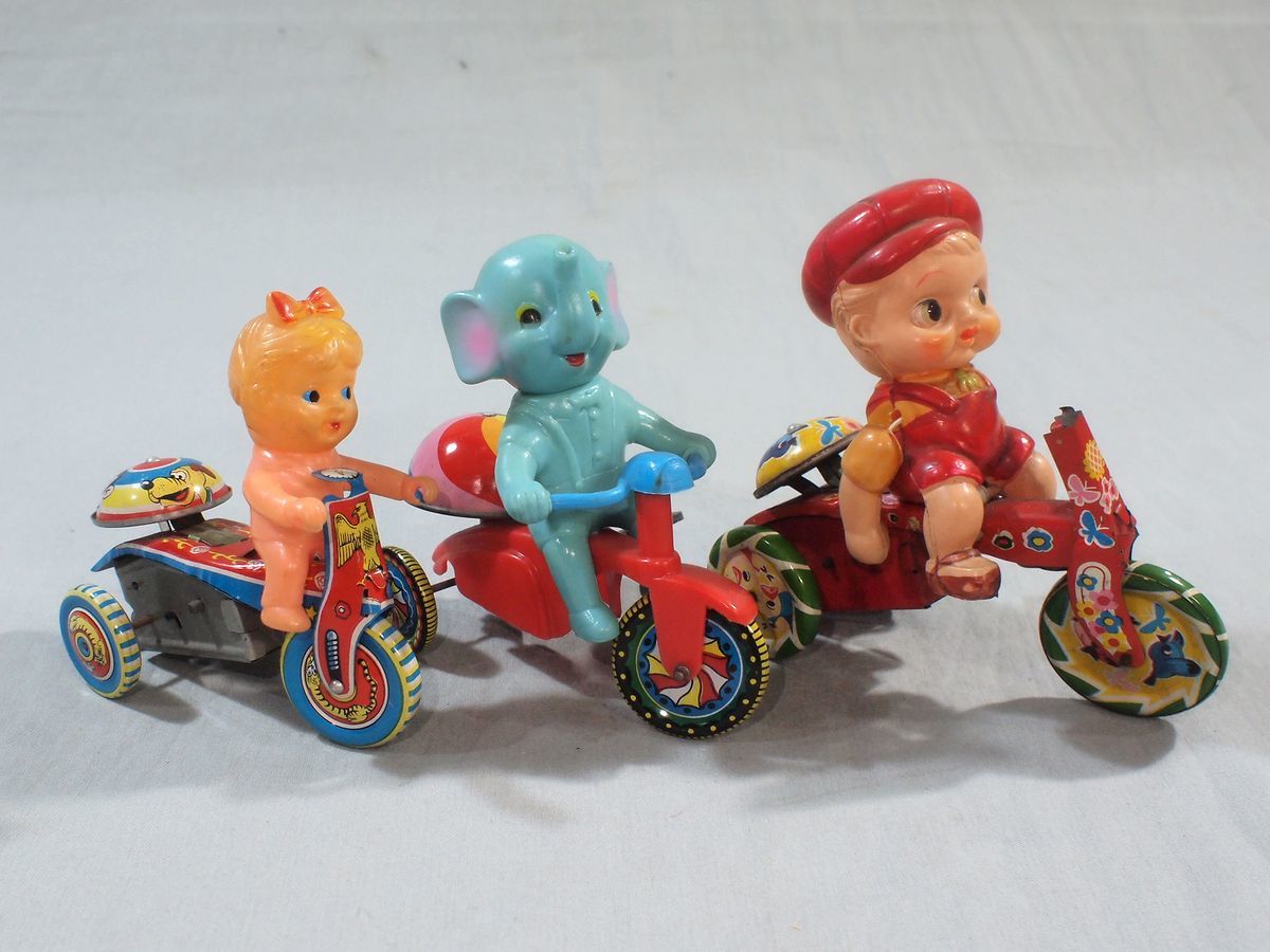 ■当時物 日本製 ブリキ 三輪車 ゼンマイ セルロイド ソフビ 人形 玩具 ジャンク 昭和レトロ ビンテージ■_画像1