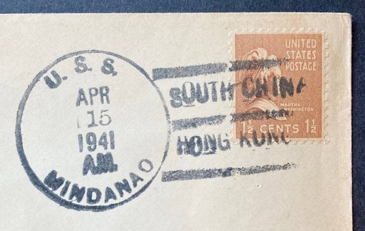 【アメリカ】1941年 海軍船内印消カバー アメリカ切手貼・河川砲艦（南部中国哨戒部隊旗艦） 『U.S.S. MINDANAO』SOUTH CHINA / HONG KONG_画像2