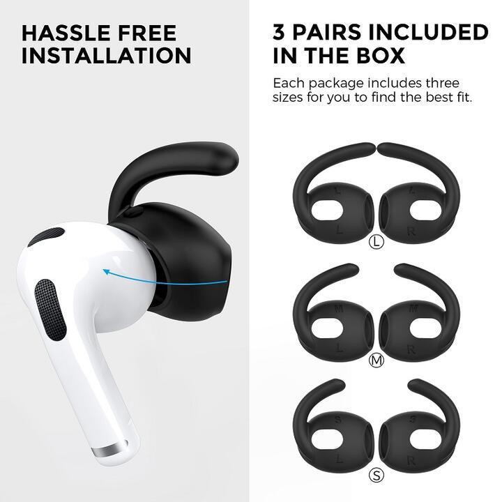 AHASTYLE アップル AirPods3 &Ear Pods3用 脱落防止シリコン イヤフックカバー シリコンポーチ付き 黒 L/M/S同色3対入り_画像10