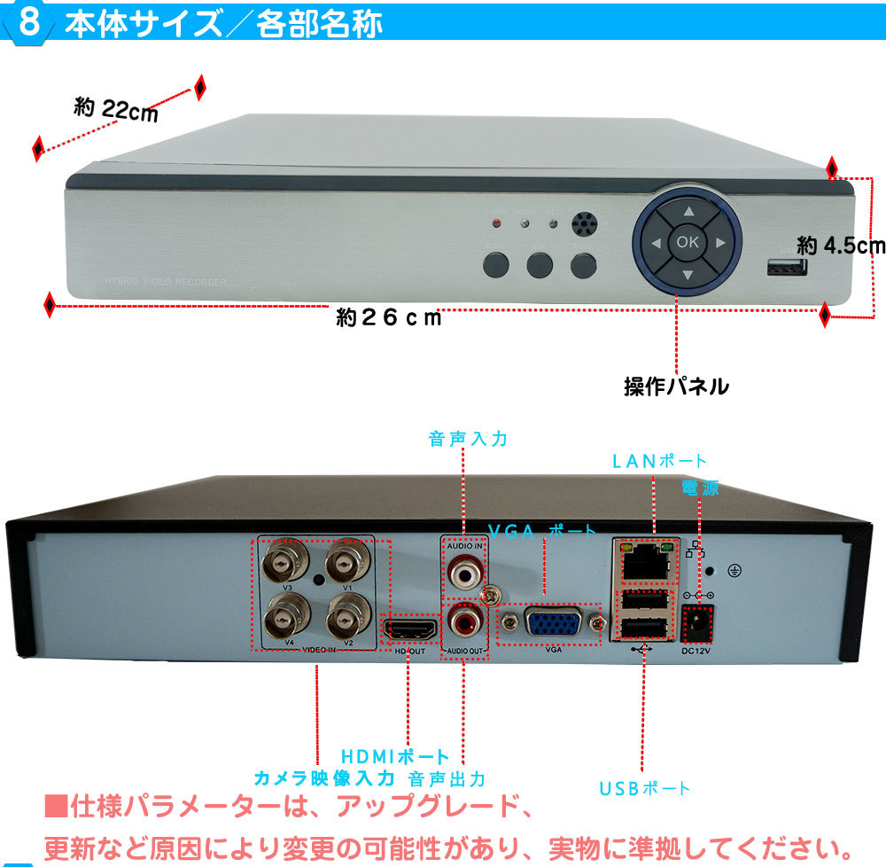 4chデジタルビデオレコーダーH.265 500万画素カメラ対応AHDシリーズ 多信号対応 遠隔監視対応 HDMI 最大8TB対応1080P 500W-N