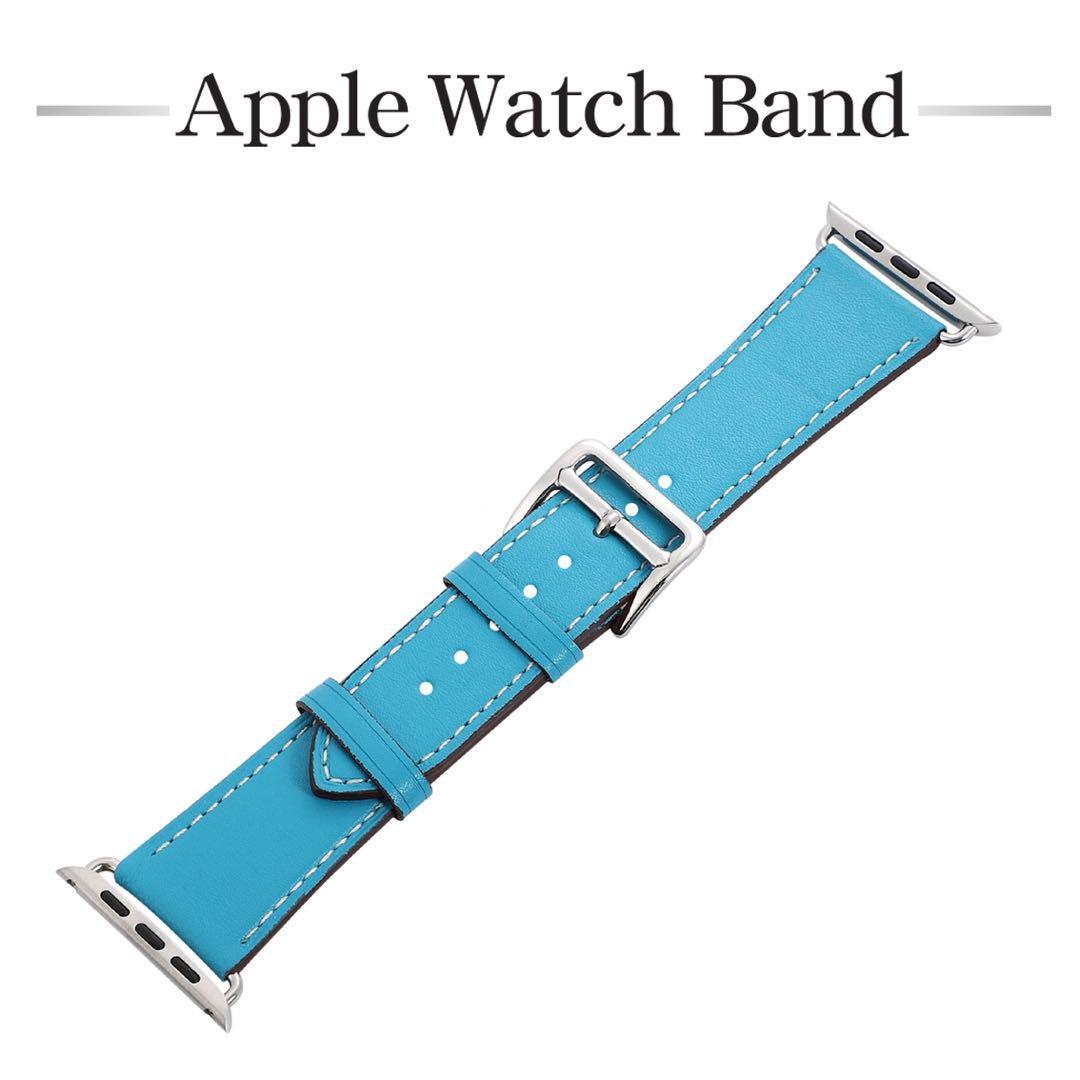 AppleWatch 本革レザーバンド ベルト アップルウォッチバンド ：ブルー（白紐）. 38/40/41mm_画像2