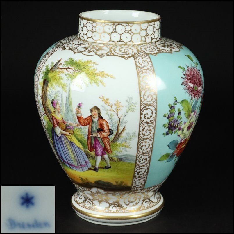 【奇】西洋美術 ドイツ Dresden meissenドレスデン マイセン ワトー絵 花瓶 花器 フラワーベース アンティーク 時代物 骨董品 古美術品_画像1
