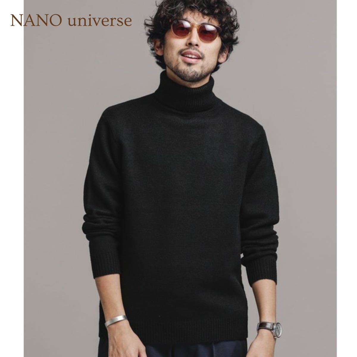 NANO universe ナノ・ユニバース カシミヤMIXソリッドタートルネックニット 長袖 ブラック Lサイズ 黒 メンズ A5187_画像1