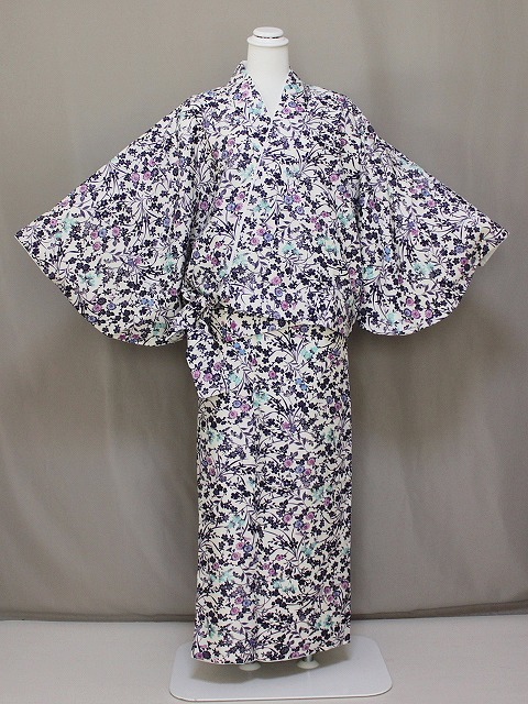 新柄袷二部式着物 G1118-08LA 送料無料 Ｌサイズ 帯不要のきもの 小紋紋柄の洗える着物 白に紫小花色の二部式きもの