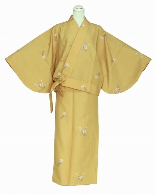 新柄袷二部式着物 J6633-09 送料無料 Ｌサイズ 帯不要のきもの 小紋の洗える着物 金茶系色の二部式きもの