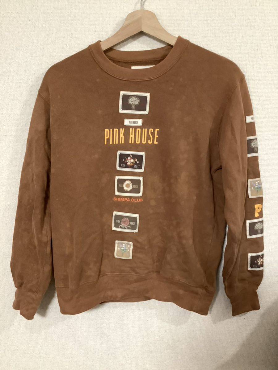 PINKHOUSE ワッペン付き　ロゴプリントスウェット　トレーナー　ブリーチ　ブラウン　レトロ　昭和　古着_画像1