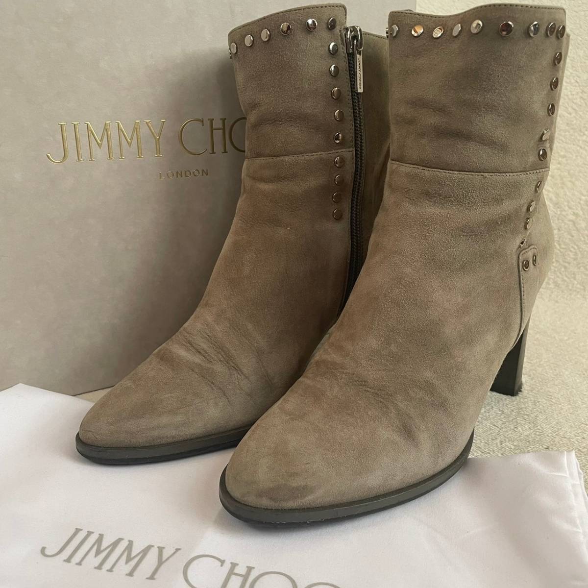 【美品/箱付き】 ジミーチュウ JIMMY CHOO ブーツ ハイヒール スエード スタッズ サイズ37 24cm ブラウン 箱付き 保存袋_画像1