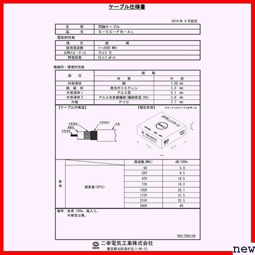 新品★ 二幸電気工業 S-5C-FB-ALPG-A 純銅素材の芯線導体 加工 同軸ケーブル S5CFB 2分配器付き 201_画像4