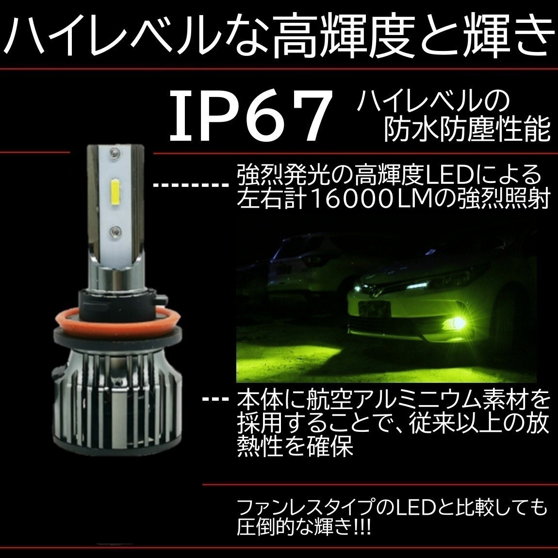 ◆送料無料◆16000LM ライムグリーン 爆光LED H8/H9/H11/H16/HB4 LEDヘッドライト LEDフォグランプ アップルグリーンレモン ライムイエロー_画像2