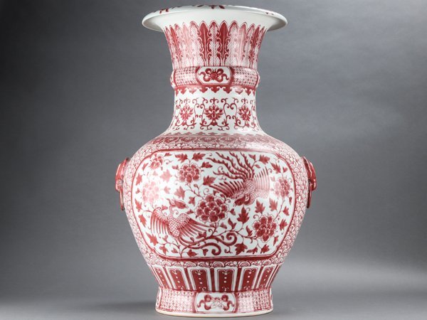 【流】中国美術 釉裏紅 大花瓶 高81cm 唐木台付 TQ121◎_画像3