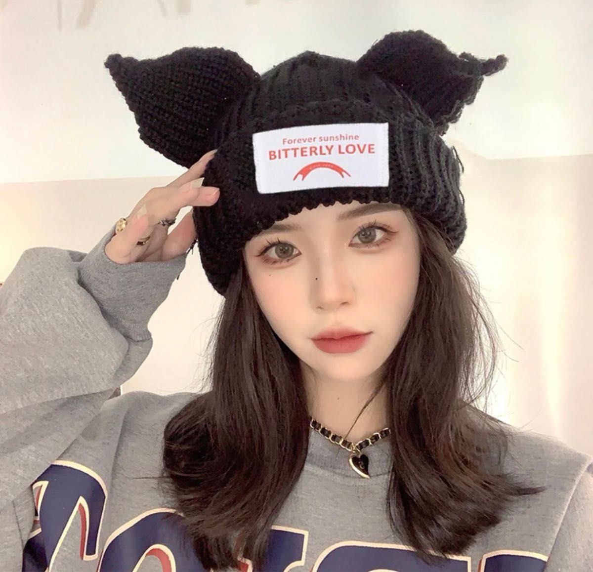 新品 LOVERBOY風 ラバーボーイ ビーニー ニット帽 ブラック ネコ 新品 LOVERBOY風 ラバーボーイ ビーニー ニット帽 ブラック ネコ