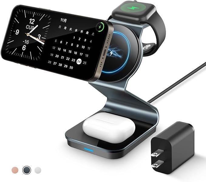 JOYYTECH 3in1 ワイヤレス充電器 magsafe対応 マグセーフ充電器 apple watch 充電器 15W急速充電 マグネット充電 (グレー)_画像1