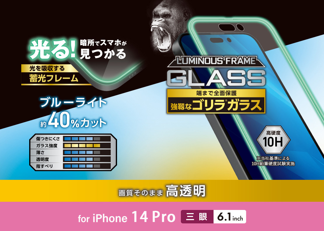 iPhone14 Pro 用 ガラスフィルム 蓄光フレーム ゴリラ0.21mm BLカット PM-A22CFLGPOBL 467m_画像4