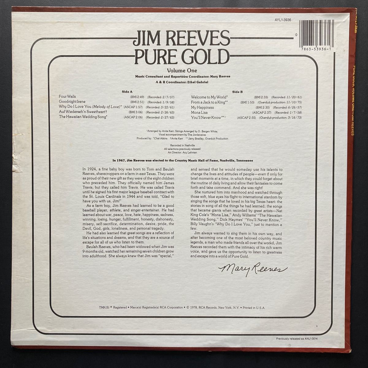 LP JIM REEVES / PURE GOLD VOLUME 1_画像2