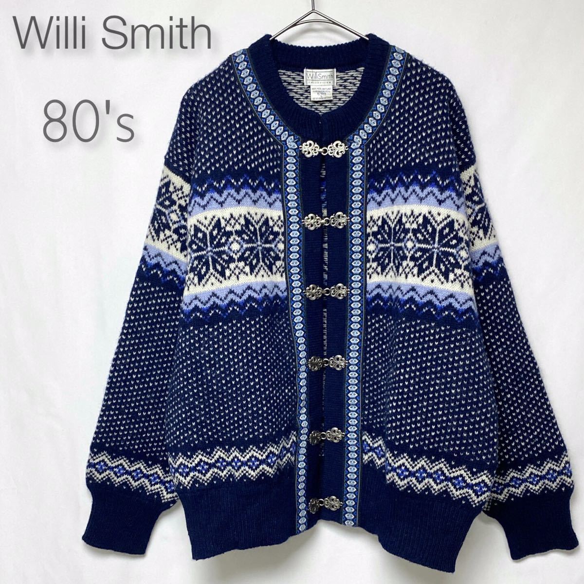 WilliSmith ウィリースミス 70s 80s シェットランドウール ノルディック メタルフック カーディガン ネイビー XL ニットカーディガン