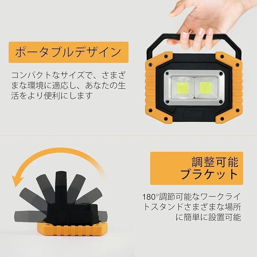 【未使用品】Tekstap LED投光器 USB充電式作業灯 2000LM超高輝度 リチウムイオン電池 3点灯モード IP65防水 .ポータブル投光器_画像3