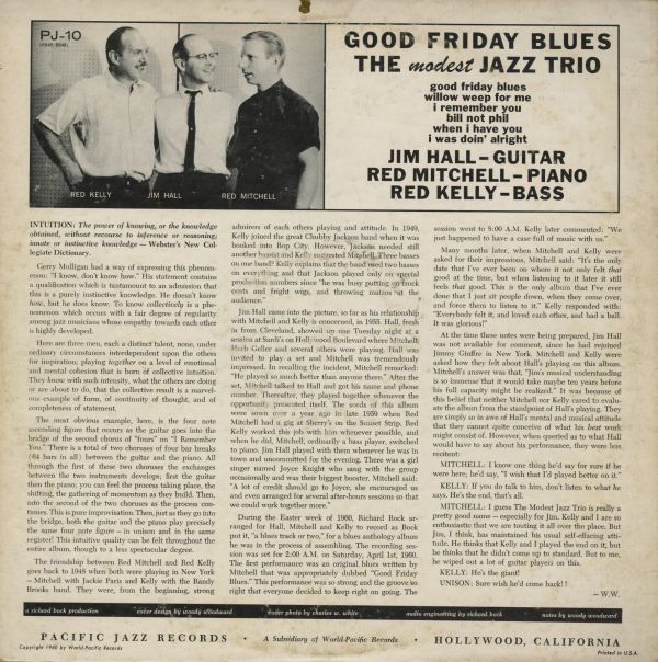 US盤LP！深溝 DGラベル The Modest Jazz Trio / Good Friday Blues 60年【Pacific Jazz / PJ 10】Jim Hall, Red Mitchell, Red Kelly 参加_画像3