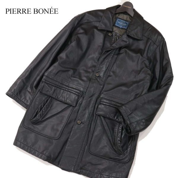 PIERRE BONEE ピエールボニー 秋冬 牛革★ 中綿入り リアル カウ レザー ハーフ コート Sz.L　メンズ 黒　I3T02246_B#N_画像1