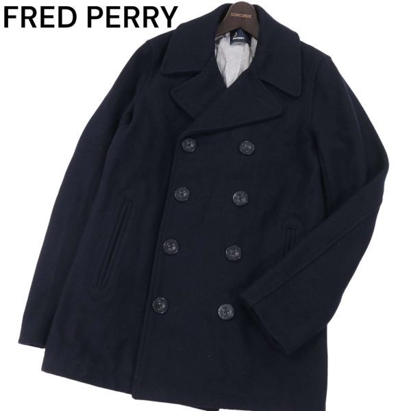 FRED PERRY フレッドペリー 秋冬 メルトン ウール Pコート Sz.S　メンズ ネイビー　I3T02366_B#N_画像1
