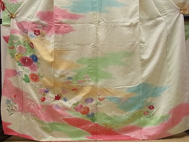 平和屋野田店■豪華振袖　駒刺繍　雲取り草花文　暈し染め　金彩　逸品　n-kn1230_画像4