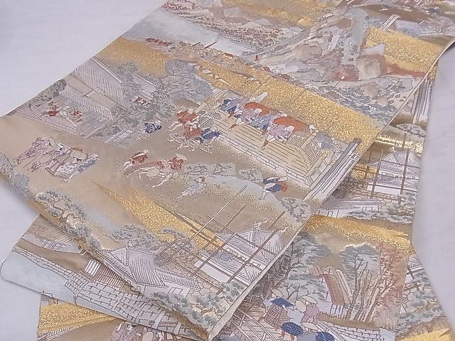 平和屋-こころ店■六通柄袋帯　東海道広重図　本金箔　正絹　逸品　A-sx8126_画像1