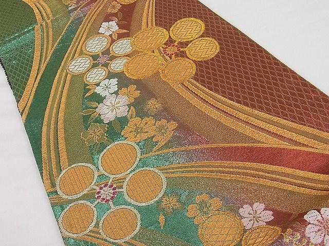 平和屋1■両面 六通柄袋帯 唐織 梅鉢花文 金銀糸 逸品 rv7548の画像3