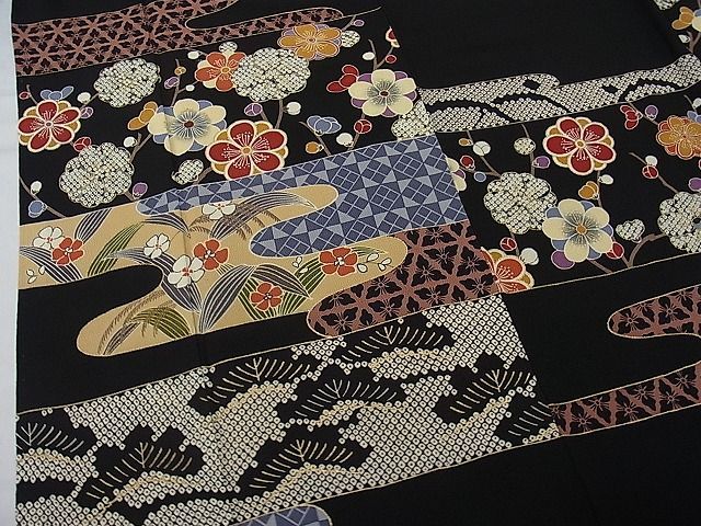 平和屋1■豪華振袖　霞吉祥花文　黒地　金彩　鬼しぼ縮緬　逸品　1yc1502_画像6