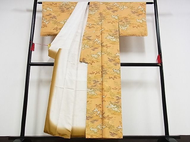 平和屋-こころ店■上質な小紋　流水風景花文　鬼しぼ縮緬　着丈152.5cm　裄丈63.5cm　正絹　逸品　B-ag5451_画像3