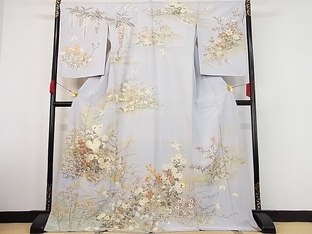 平和屋-こころ店■訪問着　花蝶文　暈し染　金彩　着丈169.5cm　裄丈68cm　正絹　逸品　A-ck6616_画像1