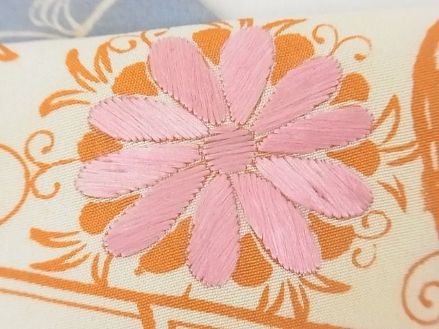 平和屋-こころ店■全通柄京袋帯　刺繍　芸鼓　舞妓　御所車花文　正絹　逸品　B-fw1075_画像3