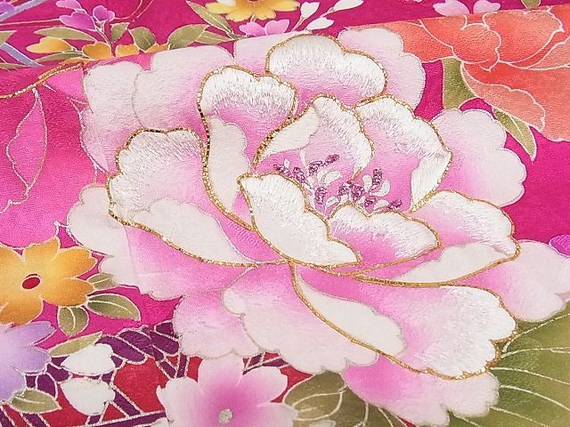 平和屋-こころ店□豪華振袖　駒刺繍　花籠文　暈し染め　金彩　着丈167cm　裄丈65cm　正絹　逸品　3kk1947_画像9