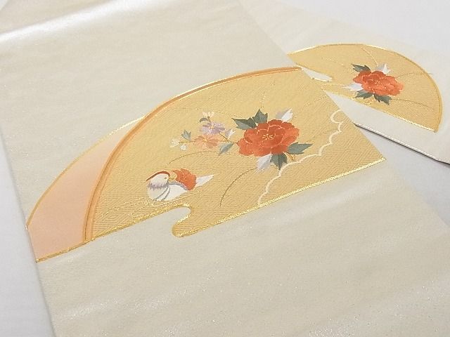 平和屋-こころ店■九寸名古屋帯　刺繍　鴛鴦花文　金糸　正絹　逸品　A-gk552_画像1